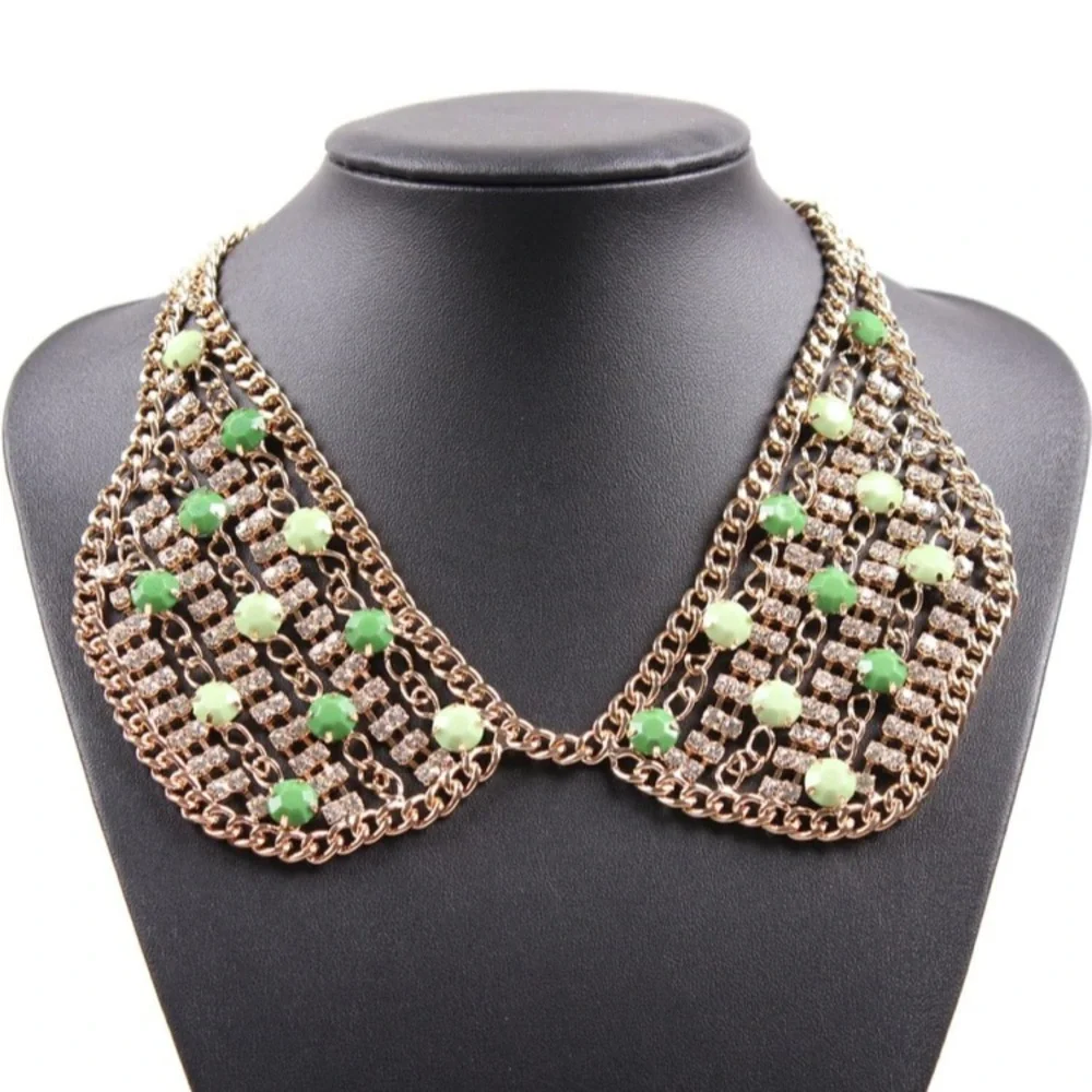Elegant Gold Crystal and Green Collar Necklace